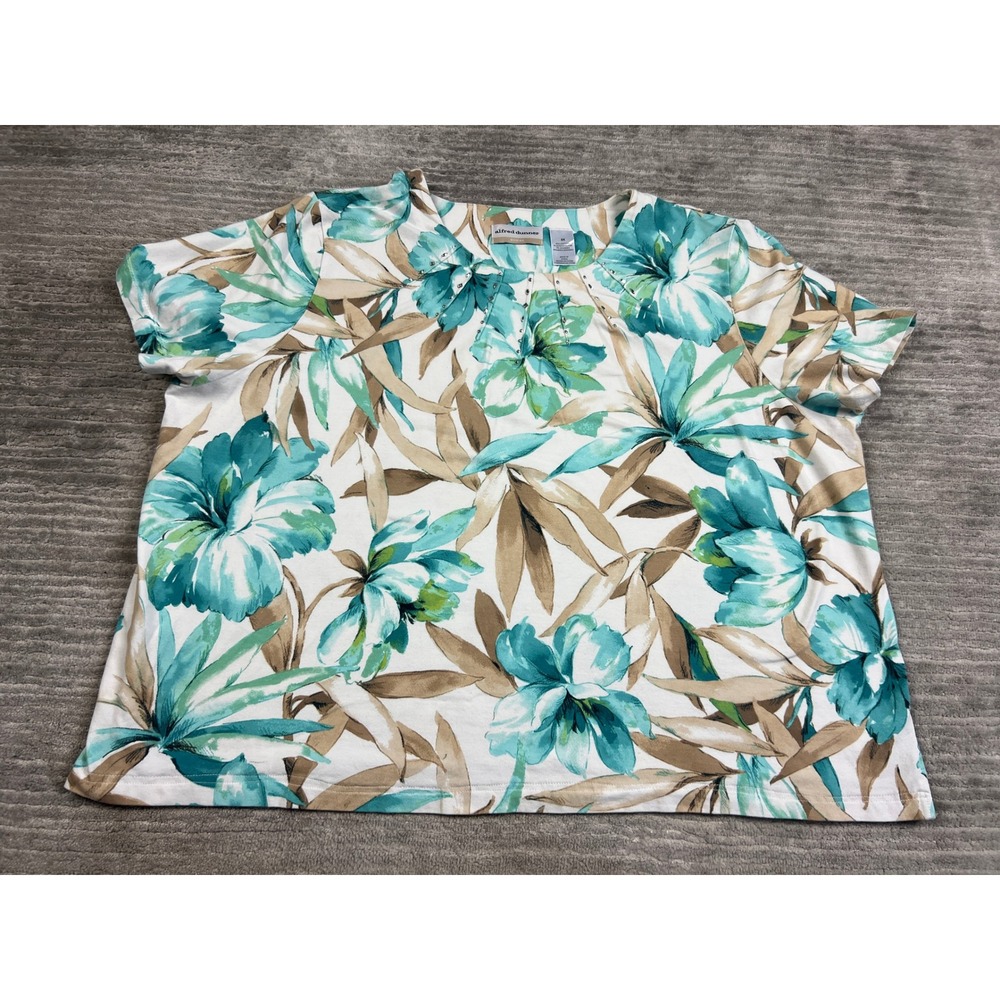 Alfred Dunner Top Womens 3X White Teal Floral Studded Short Sleeve Cotton Blend